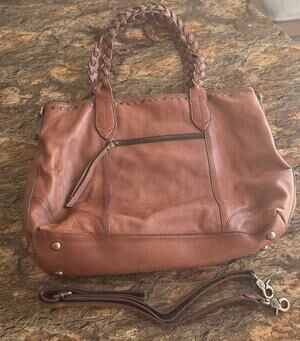 Frye & Co Victoria Stud Leather Satchel Cognac Brown Braided Handle Crossbody